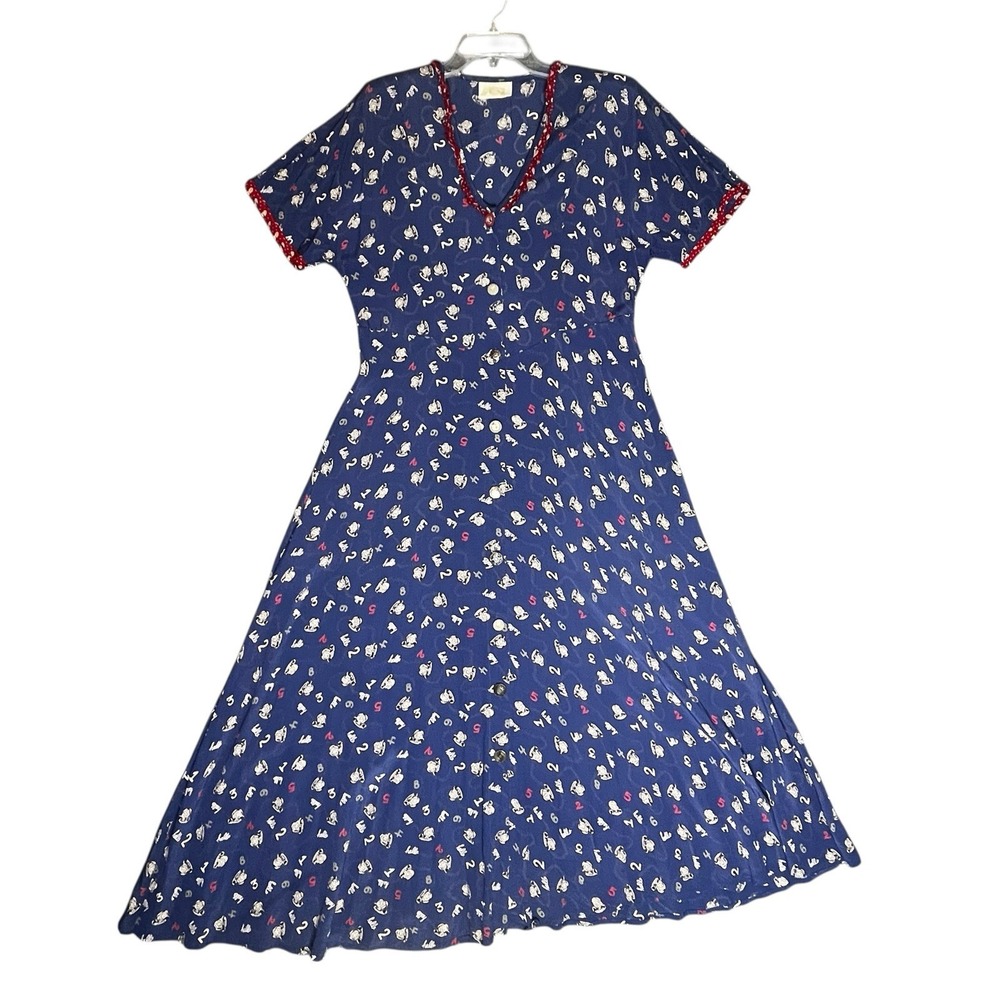ZOE Dress Vintage 90s M/L Blue Rayon Telephone Print Whimsigoth Kitschy Teacher